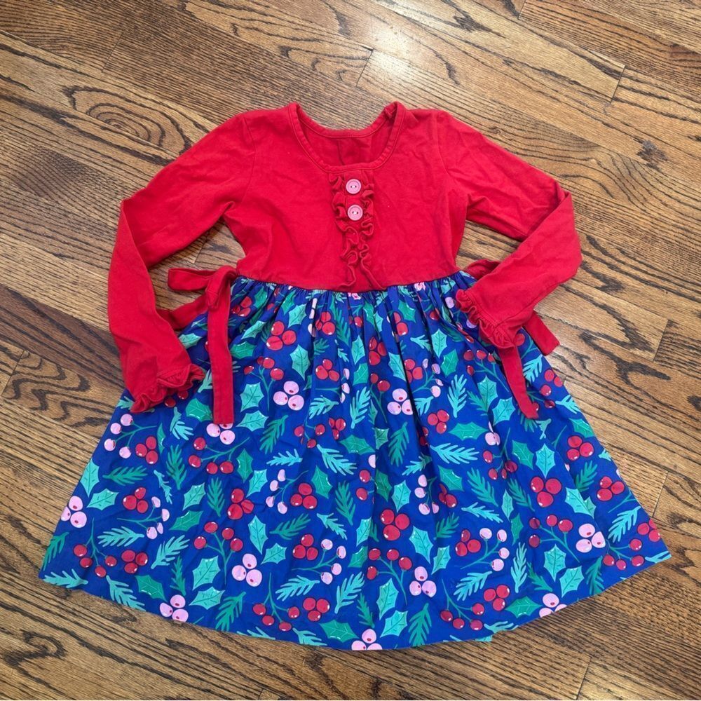 ELEANOR ROSE Christmas Holiday Ruffle Bow Dress Red Blue Holly Print Skirt 7 8
